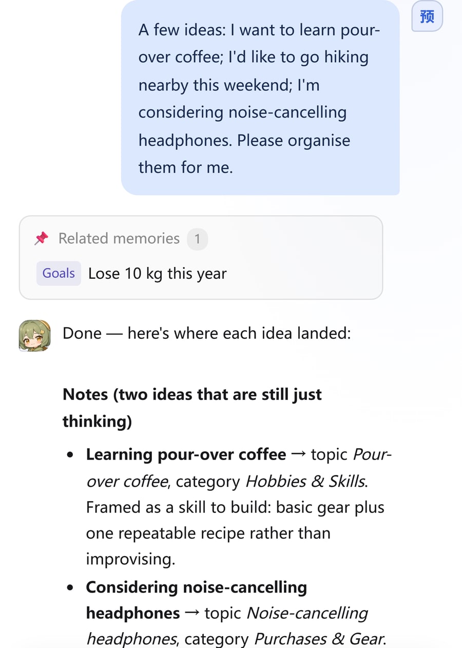Chat screenshot: the user lists three loose ideas and Remora files them into topics as notes