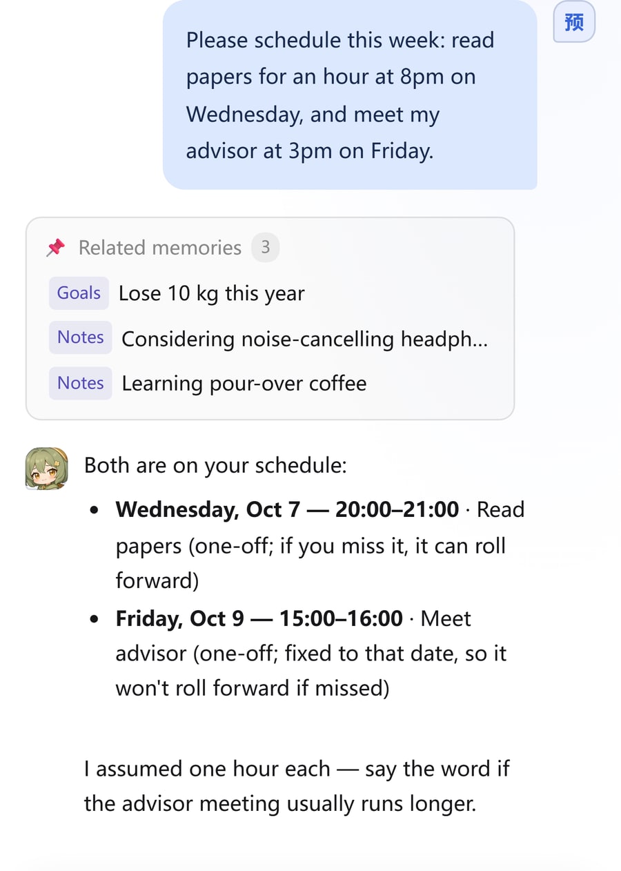 Chat screenshot: the user asks to schedule two events and Remora adds them to the calendar with reminders
