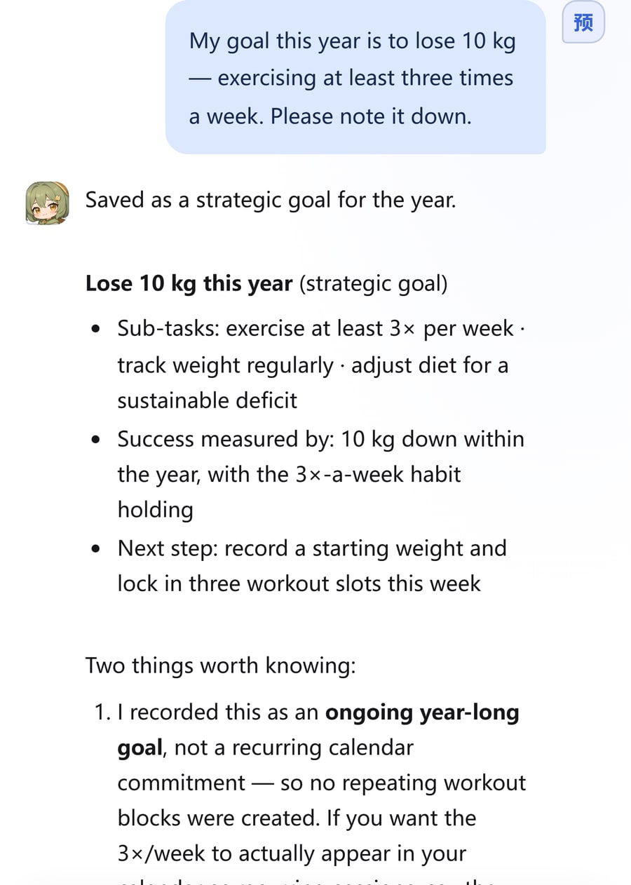 Chat screenshot: the user states a weight-loss goal and Remora saves it as a goal with metrics