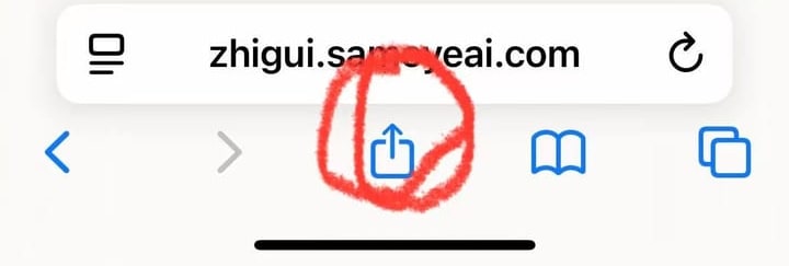 iPhone Safari toolbar with the Share button circled